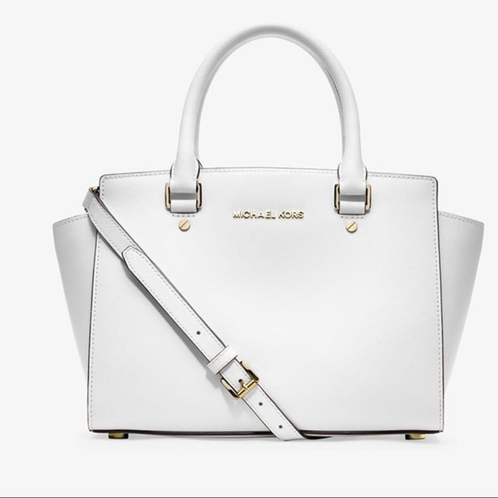 MICHAEL KORS Selma Saffiano Leather Medium Satchel WHITE GOLD Hardware